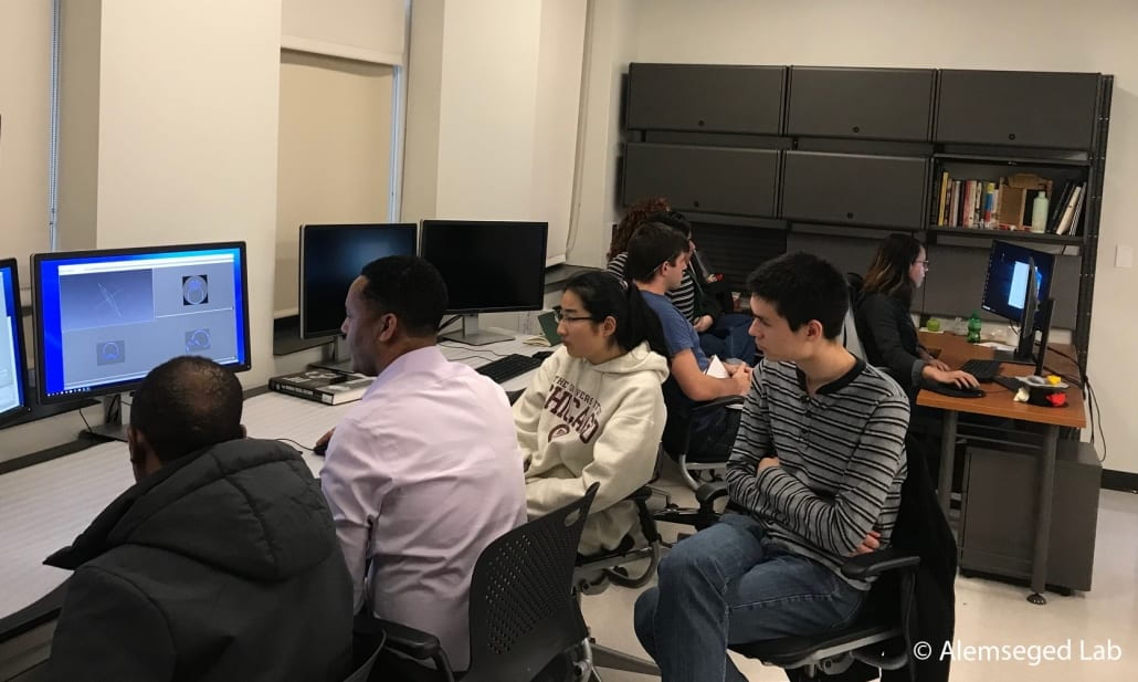 Students learning virtual anthropology techniques